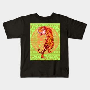 Hong Kong Orange Double Happiness Tiger with Lime Green Floral Pattern - Animal Lover Kids T-Shirt